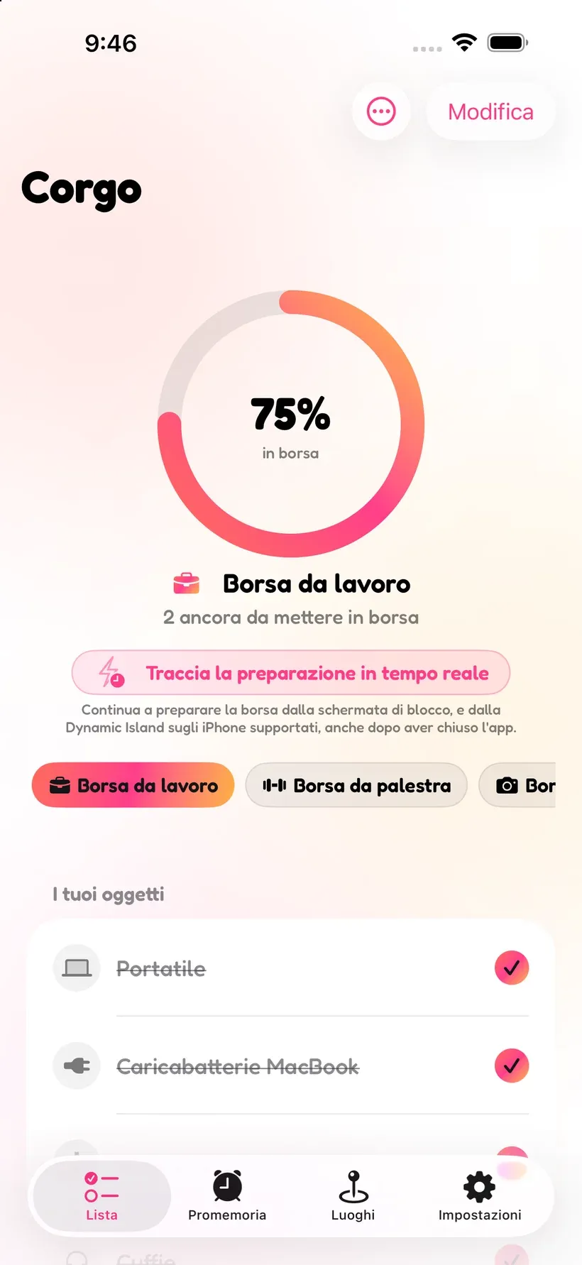 La checklist di Corgo mostra una Borsa da Lavoro preparata al 75% con un anello di avanzamento e l'elenco degli oggetti