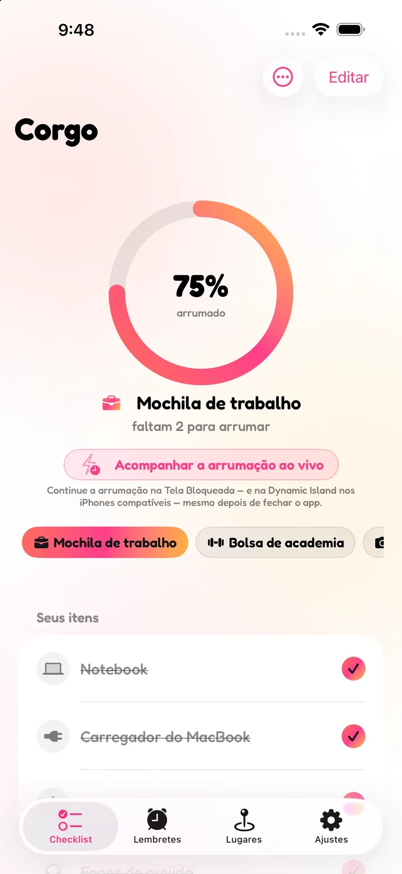 A checklist de arrumação do Corgo mostrando uma Mochila de Trabalho 75% arrumada com um anel de progresso e lista de itens