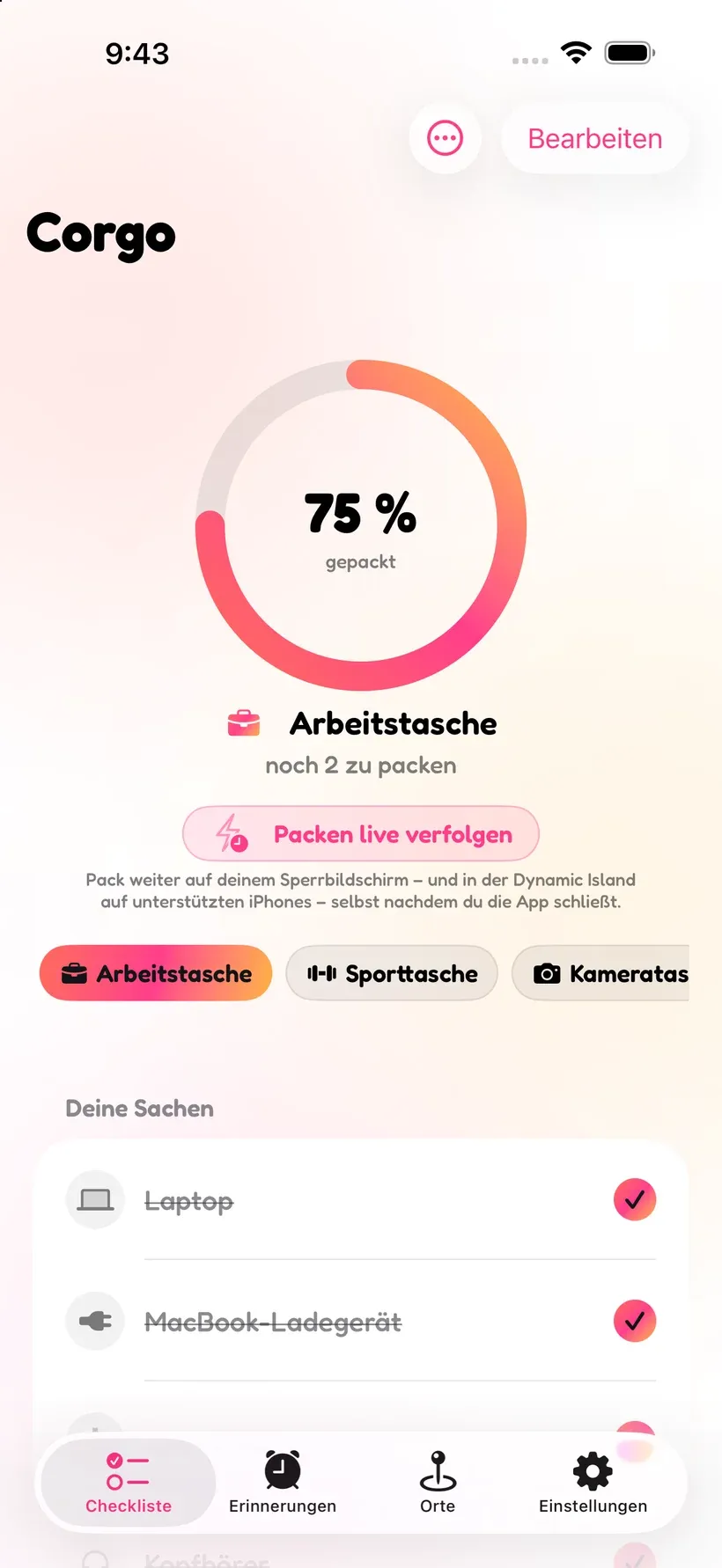 Corgos Pack-Checkliste mit einer zu 75 % gepackten Arbeitstasche, Pack-Ring und Ausrüstungsliste
