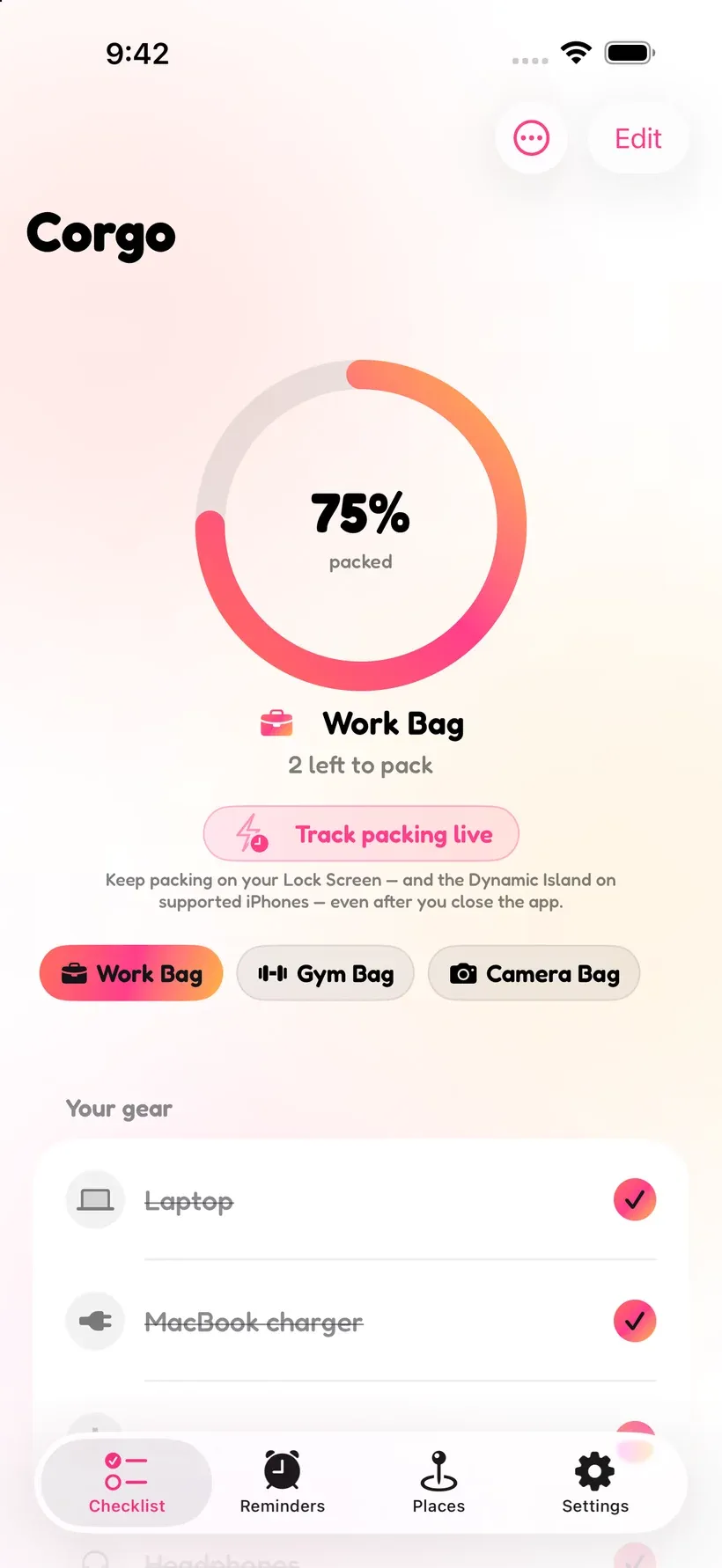 Corgo’s packing checklist showing a Work Bag 75% packed with a progress ring and gear list