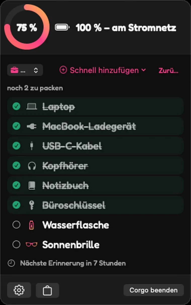 Corgos Menüleisten-Popover auf dem Mac mit einer Pack-Checkliste und Ladestatus