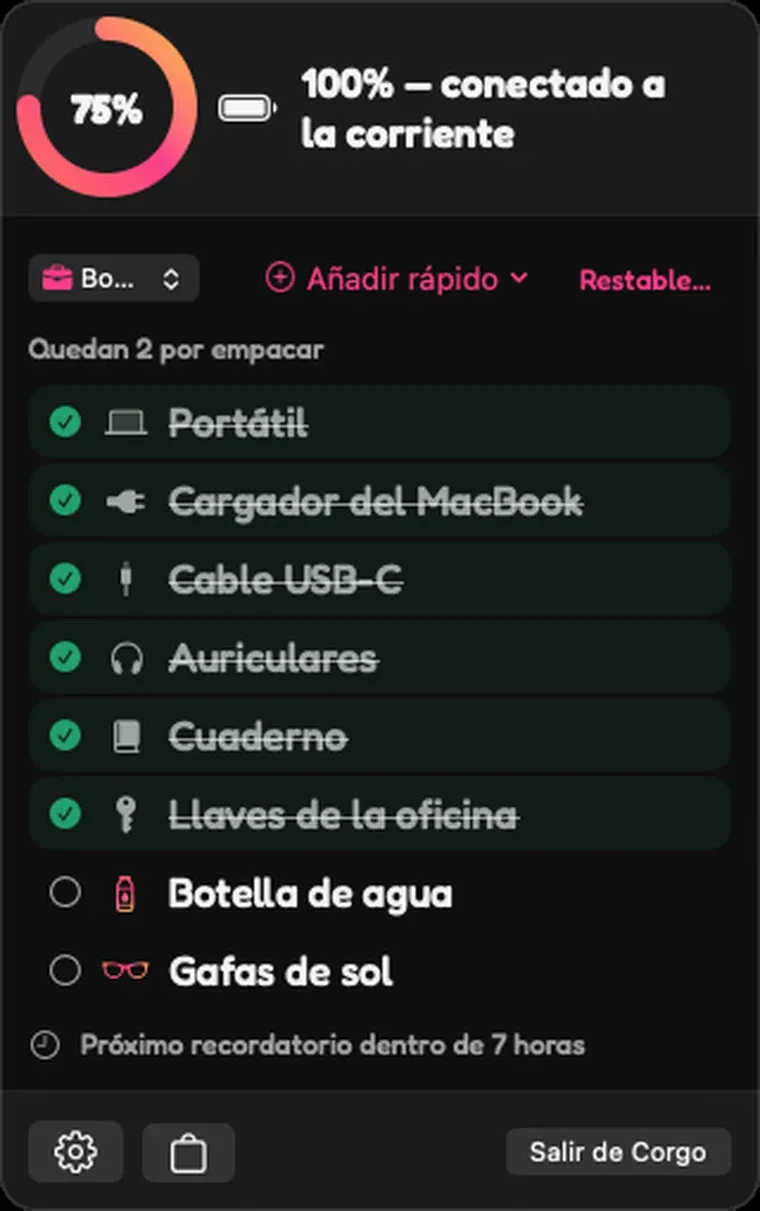 La ventana emergente de Corgo en la barra de menús de Mac con una lista de equipaje y el estado de carga