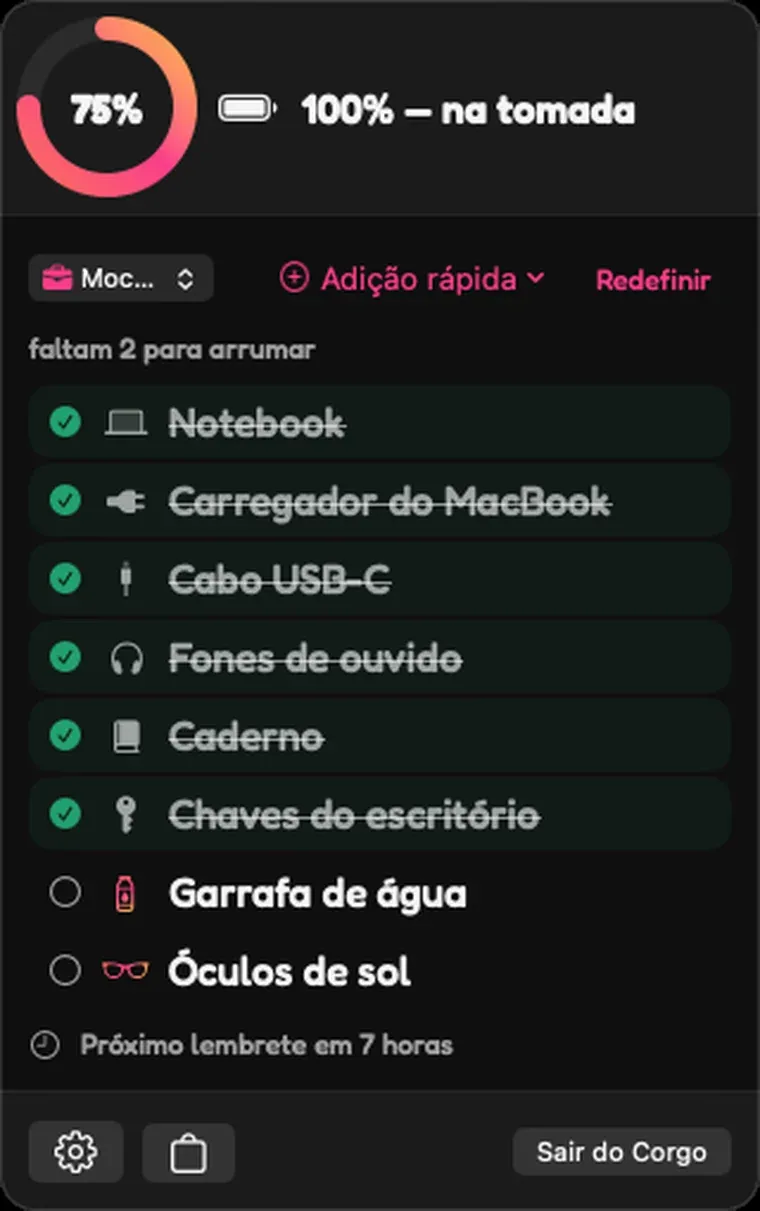 O popover da barra de menus do Corgo no Mac mostrando uma checklist de arrumação com status de carga