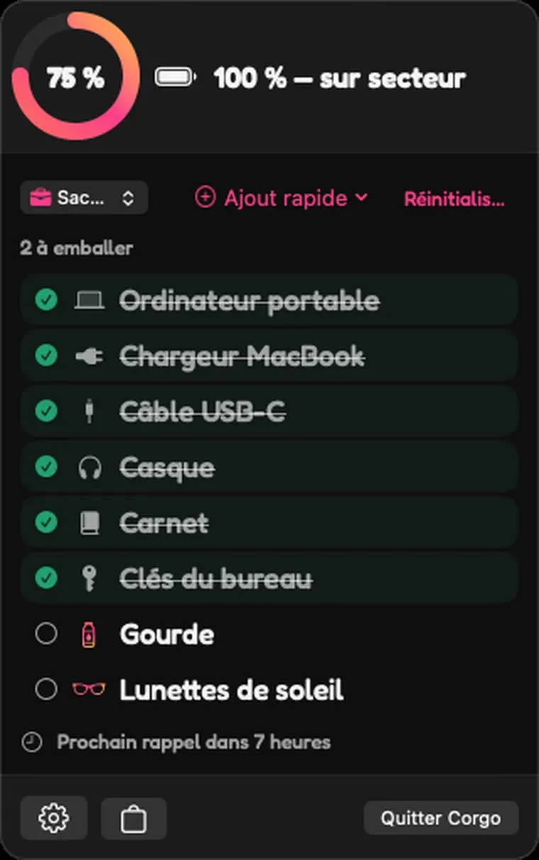 Le menu déroulant de Corgo dans la barre de menus du Mac affichant une checklist de départ avec l'état de charge