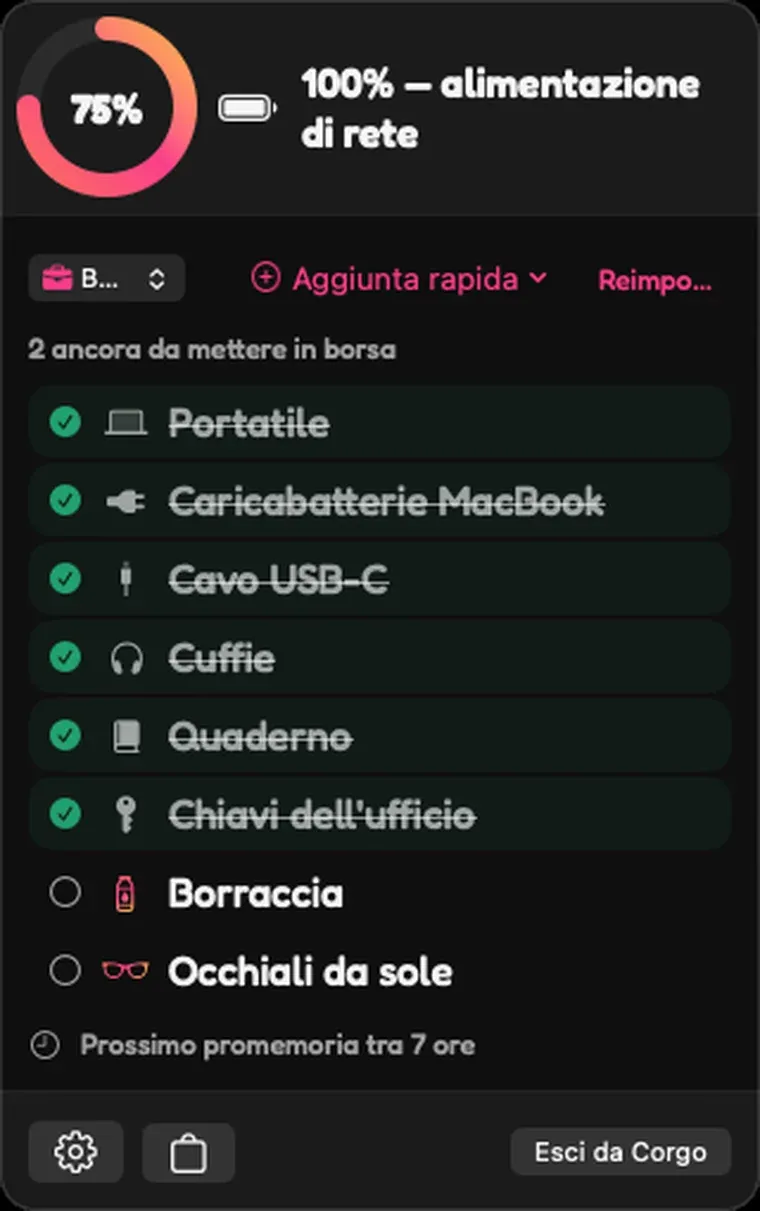 Il popover di Corgo nella barra dei menu del Mac mostra una checklist con lo stato della carica