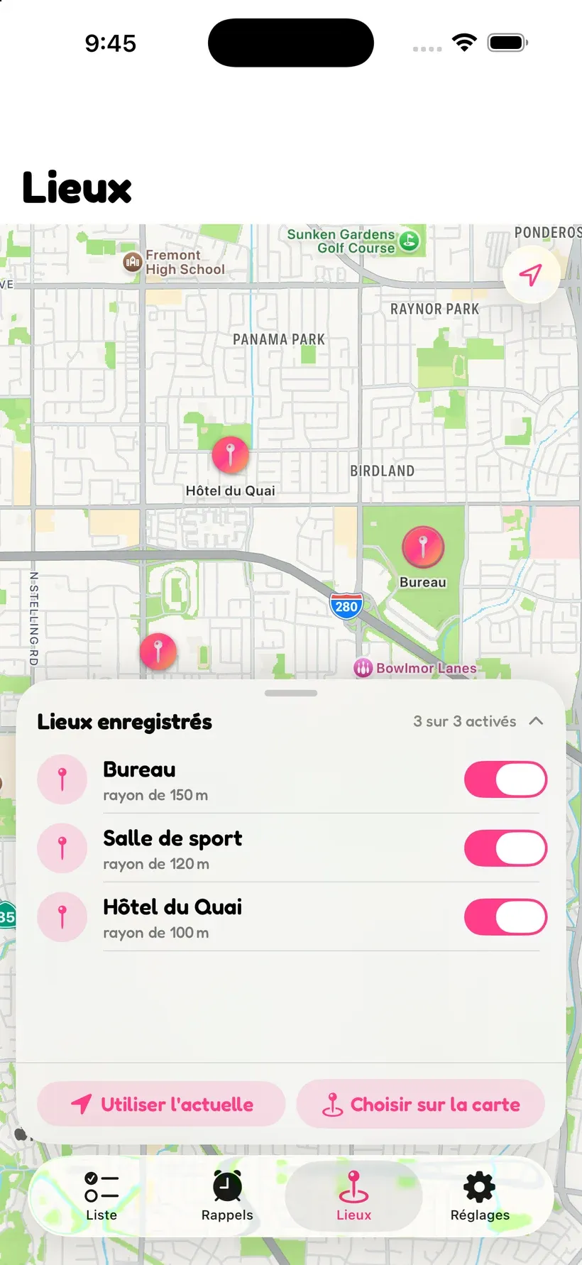 L'écran Lieux de Corgo avec une carte et des lieux enregistrés pour le bureau, la salle de sport et un hôtel