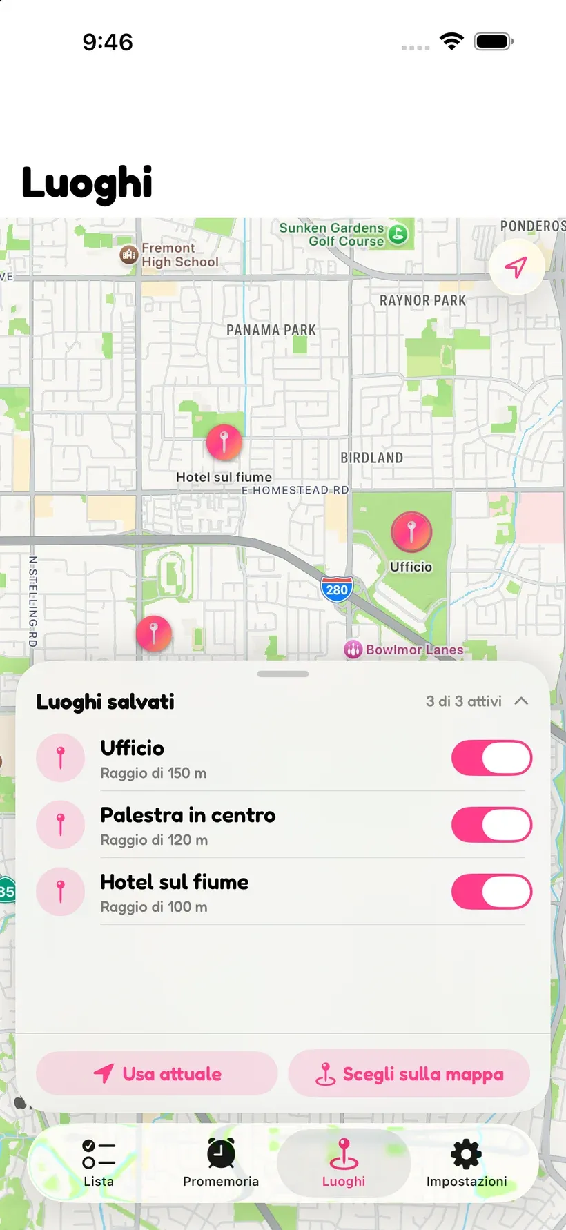 La schermata Luoghi di Corgo con una mappa e i luoghi salvati per ufficio, palestra in città e un hotel