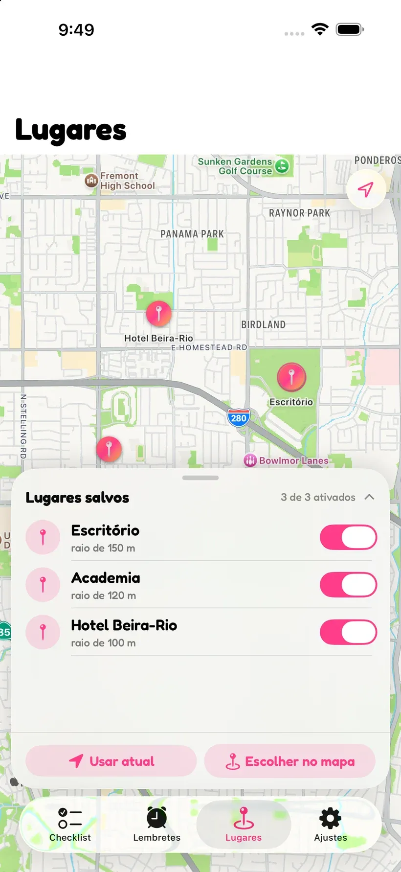 A tela de Lugares do Corgo com um mapa e locais salvos para escritório, academia da cidade e um hotel