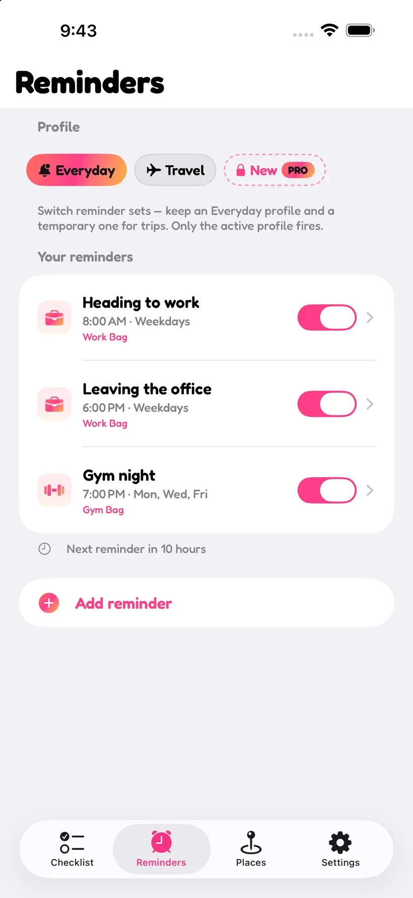 Corgo’s reminders screen with scheduled nudges for heading to work, leaving the office, and gym night