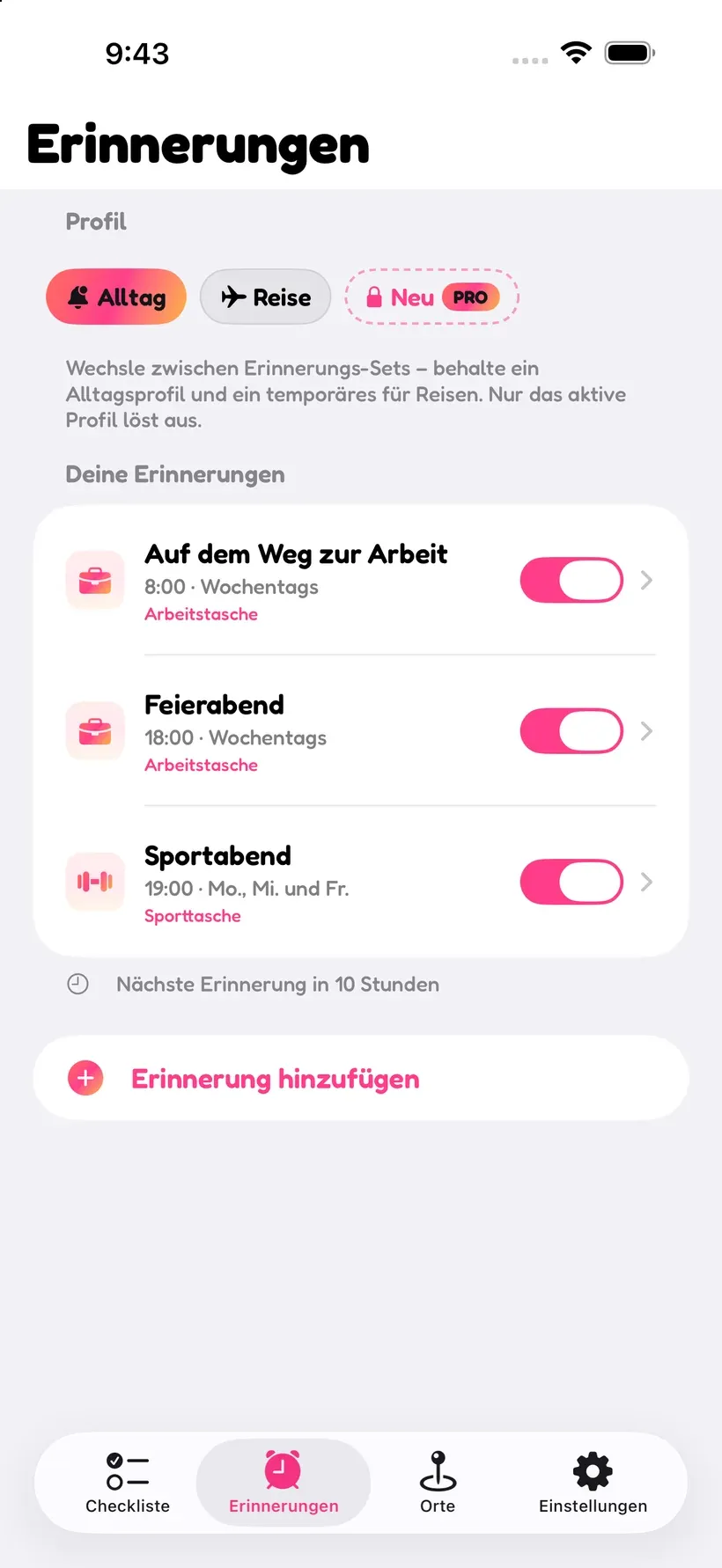 Corgos Erinnerungs-Screen mit geplanten Stupsern für Aufbruch zur Arbeit, Feierabend und Sportabend