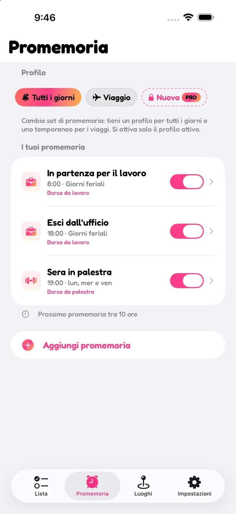La schermata dei promemoria di Corgo con avvisi programmati per andare al lavoro, uscire dall'ufficio e la serata in palestra