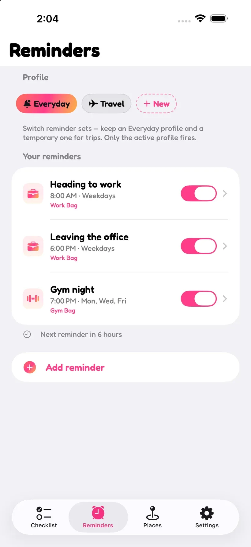 La pantalla de recordatorios de Corgo con avisos programados para ir al trabajo, salir de la oficina y la noche de gimnasio