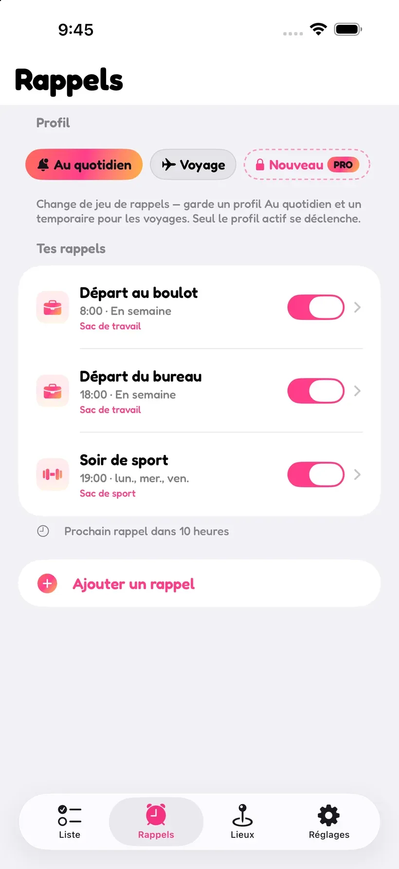 L'écran des rappels de Corgo avec des rappels programmés pour le départ au boulot, la fin de bureau et la soirée sport