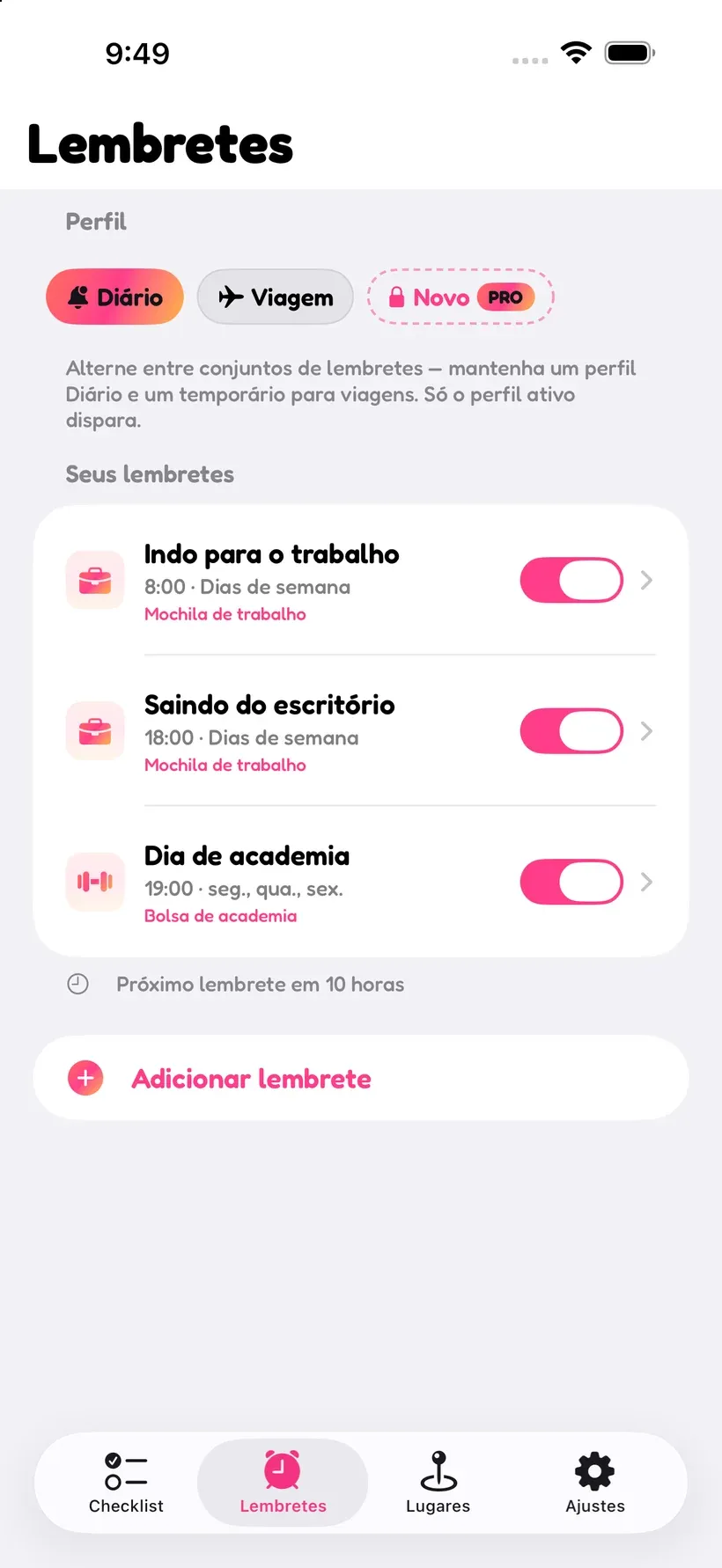 A tela de lembretes do Corgo com avisos programados para ir ao trabalho, sair do escritório e noite de academia